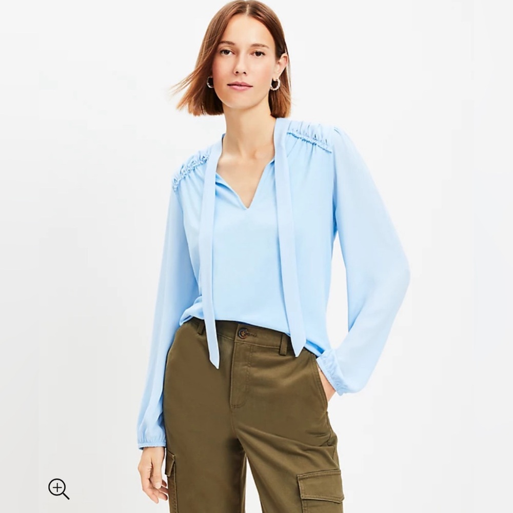 LOFT NWT Textured Shirred Tie Neck Mixed‎ Media Top -